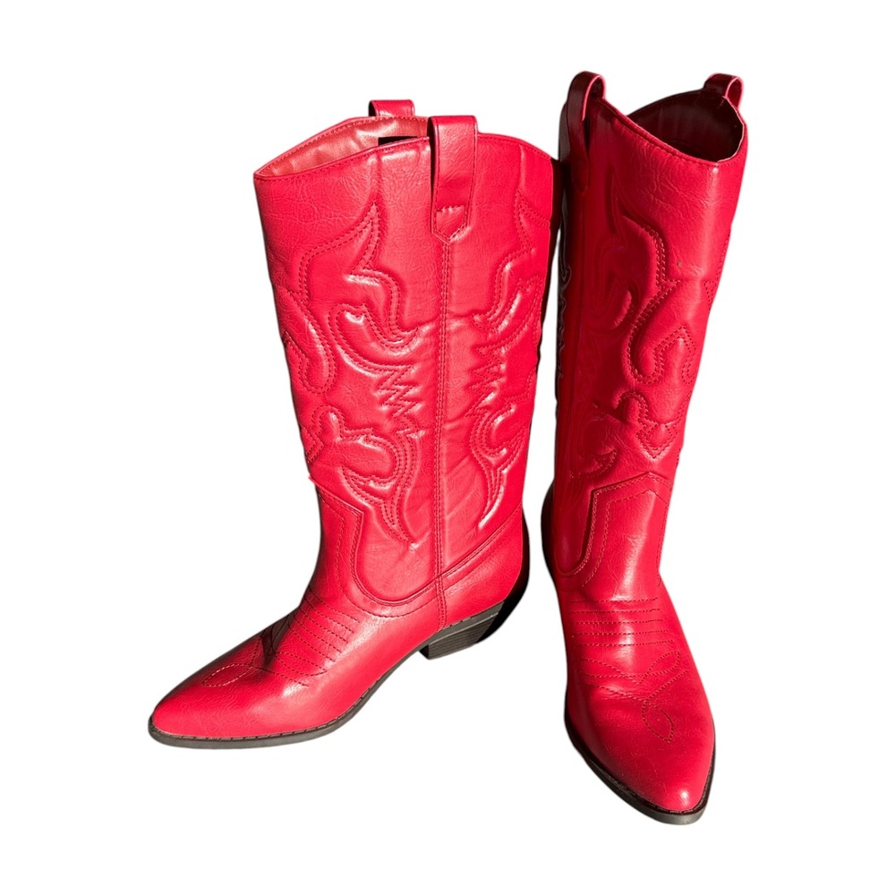 Soda Red Flame Stitch Western Cowboy Boots Sz 8 Y2K Cowgirl Western Rodeo Bold